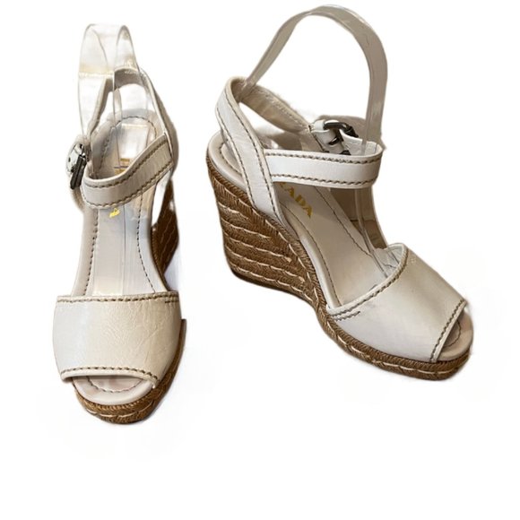 Prada White Leather Flaviana Open Toe Ankle Strap Wedge Sandals espadrils Size 6 - Picture 1 of 15